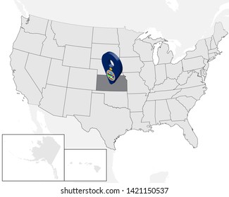 Location Map Kansas on map USA. United States of America. 3d geolocation sign like flag of state Kansas. High quality map of Kansas.  Vector illustration EPS10.