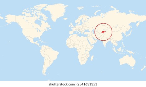 Localização do Quirguistão na Ásia mostrado em um mapa do mundo