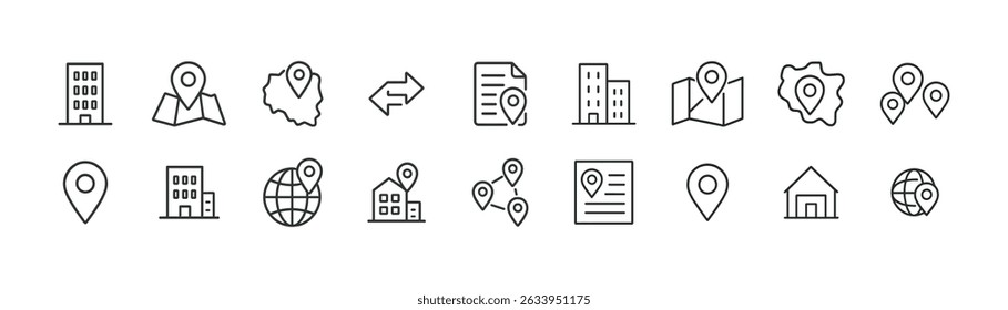 Conjunto de iconos de Locación y línea de mapa: esquema, navegación y colección de símbolos GPS