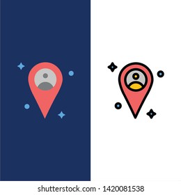 Location, Map, Man  Icons. Flat and Line Filled Icon Set Vector Blue Background