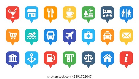 Location map marker icon set. Map pin of restaurant, coffee, park, hotel, airport, bus station and more. Vector illustration.