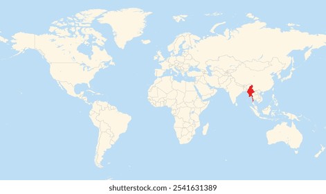 Location map of Myanmar in Asia shown on a world map