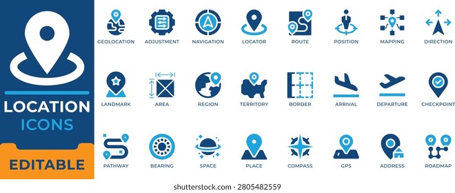Location Map Navigation GPS Route Pin Icon Set - editable vectors for geographic tracking, geolocation, and travel roadmap.