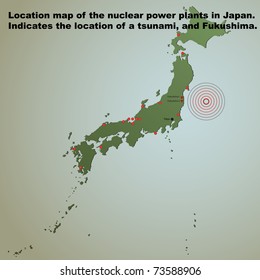 Location map of the nuclear power plants in Japan. Indicates the location of a tsunami, and Fukushima.