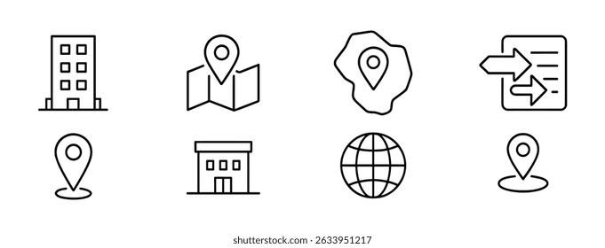 Conjunto de iconos de Locación y esquema de mapa: navegación, GPS, símbolos de viaje en estilo de línea