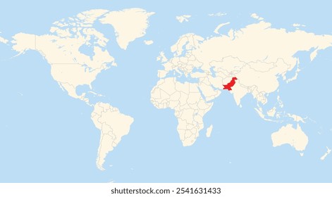 Localização do Paquistão na Ásia mostrado em um mapa do mundo