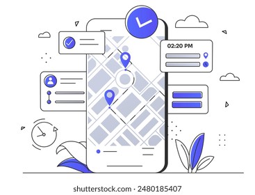 Location map at phone. Geolocation and navigation. Mobile application for travelers and tourists. GPS system with route at map. Linear flat vector illustration isolated on white background