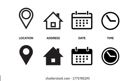 Location, Map pin, Address, date, time, contact, Calendar, home. set  icons vector line illustration
