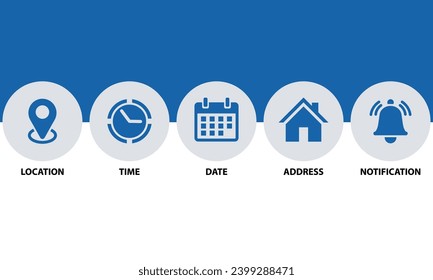 Ubicación, alfiler de mapa, dirección, fecha, hora, lugar, contacto, calendario, conjunto de timbre de notificación iconos web ilustración vectorial