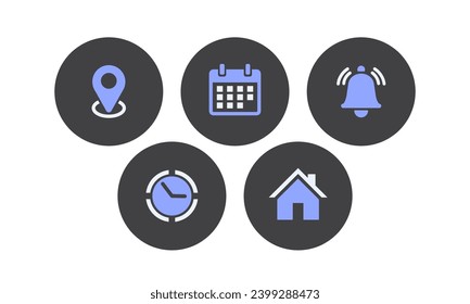 Standort, Kartenstift, Adresse, Datum, Uhrzeit, Ort, Kontakt, Kalender, Benachrichtigungsglocke setzen Web-Symbole Vektorgrafik