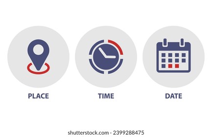 Standort, Kartenstift, Adresse, Datum, Uhrzeit, Ort, Kontakt, Kalender, Benachrichtigungsset Web-Symbole Vektorgrafik