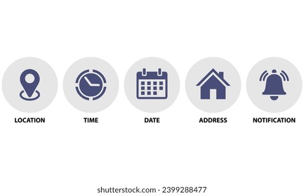 Location, Map pin, Address, date, time, Place, contact, Calendar, Notification bell set web icons vector illustration