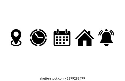 Location, Map pin, Address, date, time, Place, contact, Calendar, Notification bell set web icons vector illustration