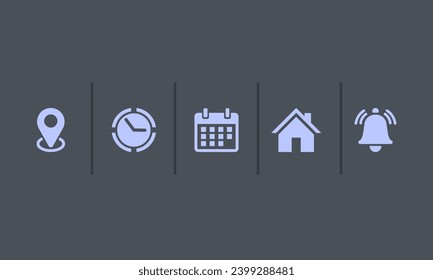 Location, Map pin, Address, date, time, Place, contact, Calendar, Notification bell set web icons vector illustration
