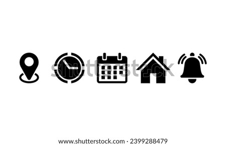 Location, Map pin, Address, date, time, Place, contact, Calendar, Notification bell set web icons vector illustration
