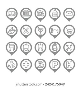 Location Map Pin und Bus, U-Bahn Station Symbol Set. Restaurant, Hotel und Krankenhaus Vektorsymbole, bearbeitbarer Schlaganfall.