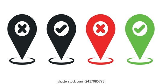 Pin de mapa de ubicación con signo de comprobación y marca de cruce.
