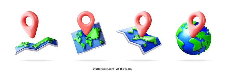 Location map pin with earth globe and world map. Global navigation and direction guidance concept. Online travel icon for website interface.