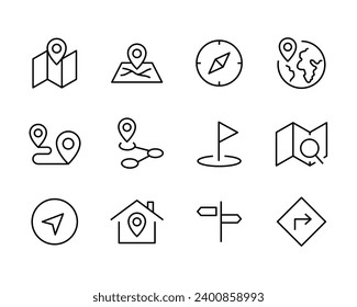 Location, map pin, gps, destination, directions, distance, place, navigation address Route, Navigator line icons set, editable stroke isolated 