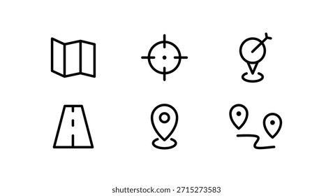 Locación, mapa pin, gps, destino, direcciones, distancia, lugar, navegación Dirección Ruta, conjunto de iconos de línea del navegador, trazo editable aislado 