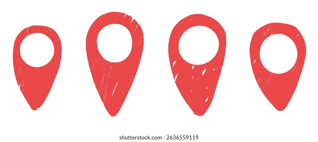 Location map pin grunge textured drawn set. Road pointer hand drawn doodle isolated on white background. Travel destination symbol elements. Vector navigation geo position illustration by pencil.