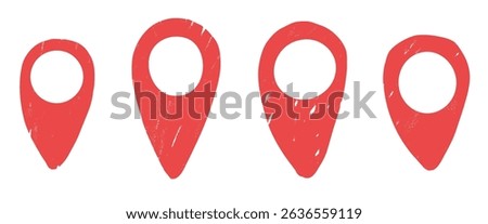Location map pin grunge textured drawn set. Road pointer hand drawn doodle isolated on white background. Travel destination symbol elements. Vector navigation geo position illustration by pencil.