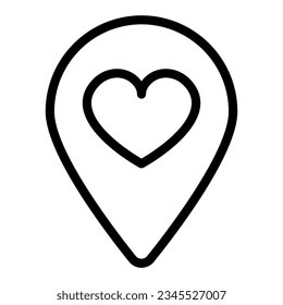 Pin de mapa de ubicación con icono de línea de corazón, concepto de citas, signo de vector de lugar favorito en fondo blanco, icono de estilo de contorno diseño web de concepto móvil. Gráficos vectoriales.