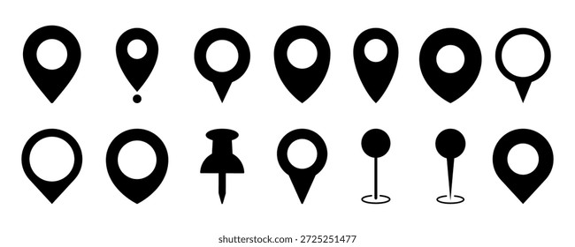 Location, map, and pin icon collection. GPS, place, markers, pinpoing, position, and navigation icons set. Vector illustration transparent background