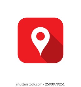 Location, map pin icon on red square. Address, place marker sign symbol with long shadow