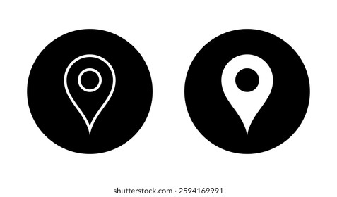 Location, map pin icon on black circle. Address, place marker sign symbol