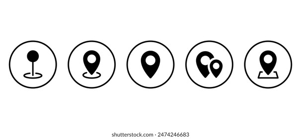 Location, map pin icon set on circle line. Address concept