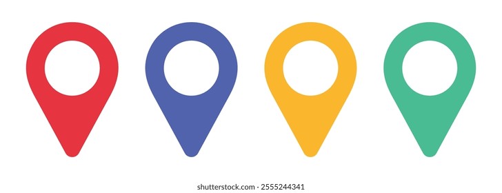 Location and map pin icon set in colorful style vector illustration. Map pin icon, flat design. GPS navigation map pin marker isolated on white background. Location map icon. Location pin collection.