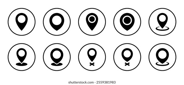 Location map pin icon set on circle line. Place marker sign symbol