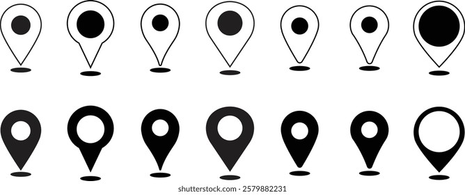 Location and map pin icon set. Map pointer pin sign black outline destination icon, isolated on transparent background. Solid location navigation. Address symbol vector illustration.