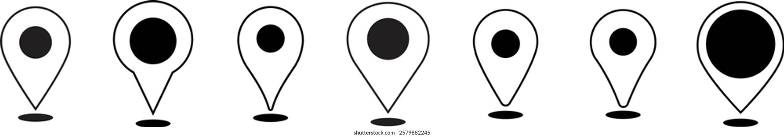 Location and map pin icon set. Map pointer pin sign black outline destination icon, isolated on transparent background. Solid location navigation. Address symbol vector illustration.