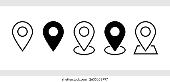 Location or map pin icon set illustration. Pinpoint icon. Positioning, navigator, target, place, travel symbol. Vector address sign. Silhouette design. Can be used in Flyer, Business card, brochure.