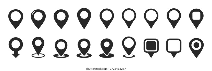 Conjunto de iconos de pin de mapa de Locación con marcadores de mapa modernos y punteros Símbolos de ubicación GPS Ilustración vectorial aislada sobre fondo transparente