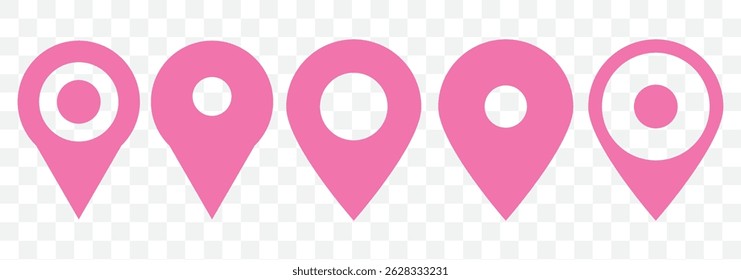 Locación o símbolo de pin de mapa. Ilustración vectorial en color rosa sobre fondo transparente. EPS 10.