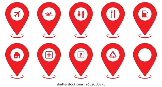 Location or map pin icon symbol set. Location pointer. Map pin Vector. Vector icon for contact web page. Navigation and route concept. Map pointer vector. Navigation marker. 