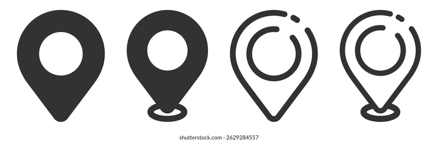 Location Map Pin Icons Set Isolated on Transparent. Flat and Outline GPS Marker Collection, Map Position Pointer Symbol, Black Editable Vector 