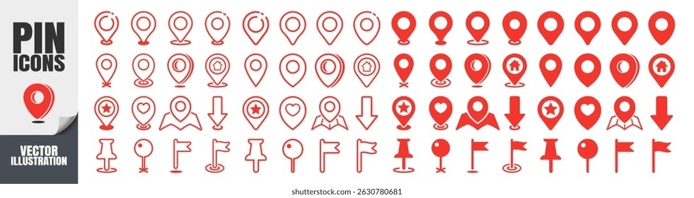 Location Map Pin Icons Set Isolated on Transparent. Flat and Outline GPS Marker Collection, Map Position Pointer Symbol, Red Editable Vector 