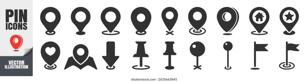 Location Map Pin Icons Set Isolated on Transparent. Flat and Outline GPS Marker Collection, Map Position Pointer Symbol, Black Editable Vector 