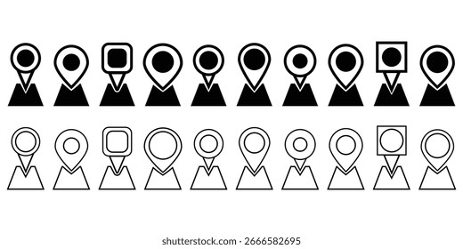 Pin-Symbole für die Positionszuordnung festgelegt. Moderne Kartenmarkersammlung. Eindeutig. Pin-Symbol für Position. Platzierungsmarkierung für Kartenstift. Symbol für Kartenmarkierungszeiger. 10 EPS
