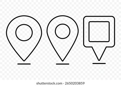 Conjunto de ícones de linha de pin do mapa de localização. Ícone do ponteiro do marcador do mapa. Símbolo de localização GPS. Coloque o símbolo de vetor de pino do ponteiro de navegação do mapa para designs de interface do usuário de aplicativos móveis e sites. Ilustração de vetor.