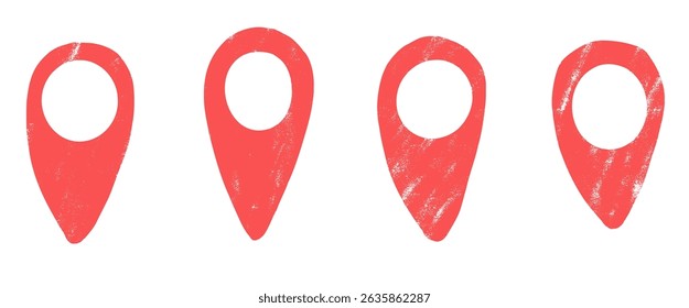 Location map pin red crayon drawn set. Road pointer hand drawn grunge textured doodle isolated on white background. Travel destination elements. Vector navigation geo position illustration by pencil.