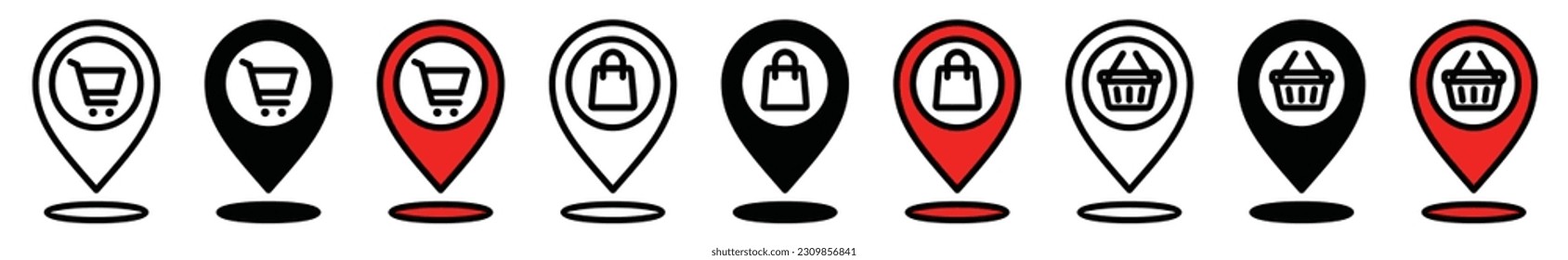 Location or map pin store icon. mark the store map pin on white background. Chart, bag, shop, shopping place icon in line, flat, and color style with editable stroke for apps and websites