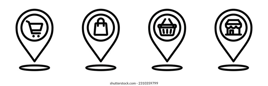 Icono de ubicación o de almacén de pines de asignación. marque el pin del mapa de la tienda en fondo blanco. Gráfica, bolso, tienda, icono del lugar de compra en línea, plano y estilo de color con trazo editable para aplicaciones y sitios web