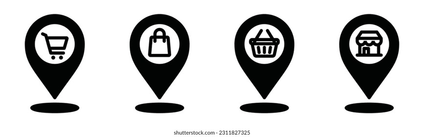 Icono de ubicación o de almacén de pines de asignación. marque el pin del mapa de la tienda en fondo blanco. Gráfica, bolso, tienda, icono del lugar de compra en línea, plano y estilo de color con trazo editable para aplicaciones y sitios web