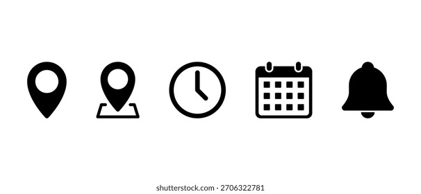 Locación, pin de mapa, hora, calendario e ícono de campana. Indicador GPS, marcador de lugar, reloj, fecha y símbolo de notificación