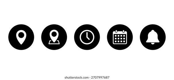 Locación, pin de mapa, hora, calendario e ícono de campana en círculo negro. Indicador GPS, marcador de lugar, reloj, fecha y símbolo de notificación
